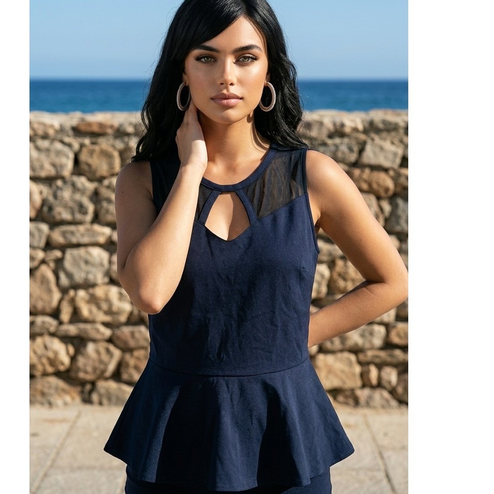 Lane Bryant 18/20 Navy Blue Mesh Inset Peplum Top Sleeveless Plus Size‎ 1X NWT